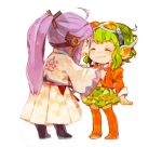  1girl 8&#039;108 8'108 adjusting_clothes ahoge chibi goggles goggles_on_head green_hair gumi kamui_gakupo megpoid_(vocaloid3) ponytail purple_hair short_hair simple_background smile vocaloid 