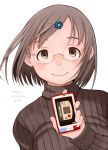  brown_eyes brown_hair cellphone copyright_request hair_ornament hairclip infobar_a01 neyuki_rei phone rimless_glasses short_hair smile solo sweater 