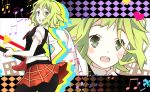  argyle argyle_background black_legwear green_eyes green_hair guitar gumi instrument looking_at_viewer musical_note necktie nyoronyoro open_mouth pantyhose plaid plaid_skirt school_uniform setsuna_trip_(vocaloid) short_hair skirt solo vocaloid wink 