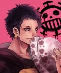  1rin3 black_eyes black_hair earrings hat hat_over_face hat_removed headwear_removed highres hoodie jewelry looking_at_viewer male one_piece short_hair smile solo teebohne trafalgar_law 