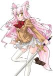  bow character_request long_hair looking_at_viewer pink_hair school_uniform simple_background skirt standing_on_one_leg sword tail tama_hime thigh-highs thighhighs tsurugi_yasuyuki very_long_hair weapon white_legwear yellow_eyes 