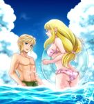  1girl ass bikini blonde_hair blue_eyes earrings female_swimwear innertube jewelry link long_hair low-tied_long_hair male_swimwear nintendo ocean pointy_ears princess_zelda skyward_sword smile suzuno_(kazahanasu) swim_trunks swimsuit the_legend_of_zelda 