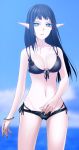  bare_shoulders bikini black_bikini black_hair blue_eyes bracelet breasts cleavage copyright_request d-pad elf fingernails front-tie_top highres jewelry long_fingernails long_hair maco mole navel o-ring_top parted_lips pointy_ears shiny shiny_skin side-tie_bikini solo swimsuit 