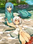  ? armpits barefoot blue_eyes blue_hair blush blush_stickers bottomless clothes_removed flat_chest hair_bobbles hair_ornament hat hat_removed headwear_removed inubashiri_momiji kawashiro_nitori looking_at_viewer lying multiple_girls navel on_back open_clothes open_shirt red_eyes river shiba_murashouji short_hair side_ponytail sitting skirt skirt_removed tears touhou water white_hair 