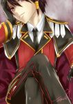  2012 black_hair cape chin_rest dated edan_(elsword) elesis08099 elsword epaulettes hair_tubes hat male necktie purple_background red_eyes smile solo uniform 