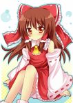  ascot bad_id bare_shoulders blush bow brown_hair detached_sleeves dress hair_bow hair_tubes hakurei_reimu long_hair looking_at_viewer miko outline red_dress red_eyes revision shinekalta sitting solo touhou 