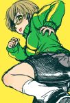  :p bike_shorts blush breasts brown_eyes brown_hair dutch_angle fighting_stance glasses jacket kneehighs legs looking_at_viewer majoccoid persona persona_4 satonaka_chie shoes short_hair skirt socks solo straight_hair tomboy tongue tongue_out track_jacket 