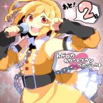 belt blonde_hair chain chains chatubo detached_sleeves dress frills kisaragi_attention_(vocaloid) kisaragi_momo microphone open_mouth red_eyes short_hair side_ponytail singing smile solo v vocaloid 