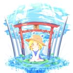  ayakashi_(monkeypanch) blonde_hair blush chibi frog hat highres lily_pad moriya_suwako orange_eyes shide shimenawa short_hair sitting sky smile snake solo torii touhou water yellow_eyes 