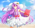  beach blush book bow crescent dress ehimedaisuki hair_bow hat highres long_hair ocean patchouli_knowledge purple_eyes purple_hair ribbon smile solo sundress touhou violet_eyes water 
