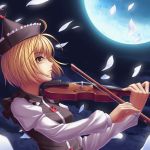  athrun1120 bad_id blonde_hair bow_(instrument) bust cloud clouds crescent fingernails full_moon hat instrument light_smile lips long_sleeves looking_up lunasa_prismriver moon night night_sky nose petals profile short_hair sky solo touhou vest violin wind yellow_eyes 