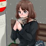  artist_request bench blush brown_hair coat copyright_request glasses lowres oekaki scarf short_hair snowing solo warming warming_hands winter 