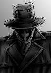  1boy cravat dc_comics expressionless hat helldoron inkblot looking_at_viewer male mask monochrome rorschach scarf solo trench_coat watchmen 