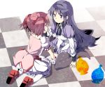  akemi_homura bow checkered checkered_floor gloves hair_bow hairband kaname_madoka long_hair magical_girl mahou_shoujo_madoka_magica miya_kazutomo multiple_girls pantyhose pink_eyes pink_hair purple_eyes purple_hair short_hair sitting smile soul_gem violet_eyes wariza white_gloves 