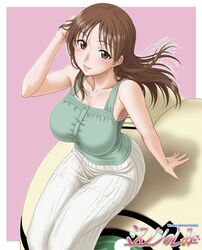  breasts brown_eyes brown_hair from_above kamisama_dolls kukuri_(kamisama_dolls) large_breasts long_hair misnon_the_great shiba_hibino sitting smile 