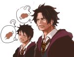 ? black_hair brothers closed_eyes cosplay eyes_closed food freckles harry_potter meat monkey_d_luffy multiple_boys necktie one_piece portgas_d_ace scar school_uniform short_hair siblings striped striped_necktie thought_bubble tsuyomaru 