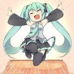  aqua_hair bare_shoulders detached_sleeves hatsune_miku jumping long_hair open_mouth outstretched_arms reki_(arequa) skirt smile solo spread_arms thigh-highs thighhighs twintails very_long_hair vocaloid zettai_ryouiki 