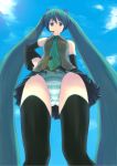  aqua_eyes aqua_hair artist_request bandaid bare_shoulders black_legwear character_request cloud clouds detached_sleeves green_eyes green_hair hachimitsu_(gts) hachimitsu_pot hand_on_hip hatsune_miku highres long_hair necktie panties see-through skirt sky smile solo striped striped_panties thigh-highs thighhighs twintails underwear very_long_hair vocaloid 