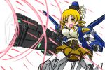  beam_rifle blonde_hair blush bouncing_breasts breasts drill_hair gun gundam gundam_age gundam_age-3 highres huge_weapon mahou_shoujo_madoka_magica matuyan-ryu mecha_musume parody solo tomoe_mami twin_drills weapon yellow_eyes 