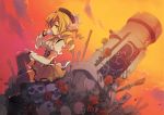  beret blonde_hair boots breasts corset cup drill_hair flower gun hair_ornament hat huge_weapon jonejung magical_girl magical_musket mahou_shoujo_madoka_magica pleated_skirt rose skirt skull solo sunset teacup thigh-highs thighhighs tomoe_mami vertical-striped_legwear vertical_stripes weapon yellow_eyes 