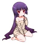  bare_shoulders barefoot blush child long_hair lowres naked_sweater natsume_(pokemon) pokemon purple_hair red_eyes ribbed_sweater sitting sweater tsurime very_long_hair wariza young 