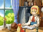  alice_margatroid blonde_hair blue_eyes book capelet cup curtains desk doll dress hairband hourai_doll indoors lamp open_book photo_(object) picture_(object) plate reading room shelf shiba_murashouji short_hair smile solo table teapot touhou tray window 