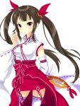  blush brown_hair codec007 detached_sleeves hair_twirling japanese_clothes long_hair miko original playing_with_hair red_eyes shrine_maiden simple_background solo thigh-highs thighhighs twintails white_background white_legwear 