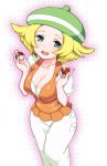  :d akira_(natsumemo) bel_(pokemon) blonde_hair breasts cleavage collarbone curvy dress green_eyes hat holding holding_poke_ball open_mouth poke_ball pokemon pokemon_(game) pokemon_bw short_hair smile solo wide_hips 