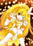  ;d bike_shorts blonde_hair boots bowtie brooch choker cure_peace dress highres jewelry kise_yayoi long_hair magical_girl nal=ask open_mouth precure shorts_under_skirt skirt smile smile_precure! solo star starry_background v wink wrist_cuffs yellow yellow_dress yellow_eyes 