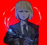 black_gloves blonde_hair blue_eyes blue_fire cornelius_alba crossover fate/zero fate_(series) fire formal gloves harara kara_no_kyoukai male red_background short_hair simple_background solo suit 