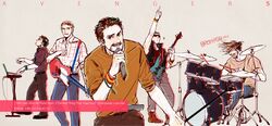  5boys alternate_costume avengers band bass black_hair blonde_hair brown_hair bruce_banner captain_america chive clint_barton drum facial_hair glasses guitar hawkeye_(marvel) instrument keyboard_(instrument) male marvel microphone multiple_boys mustache steve_rogers sunglasses thor_(marvel) tony_stark 