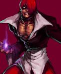  blood collar fire hair_over_one_eye injury king_of_fighters looking_at_viewer male muscle purple_fire red_hair red_pants redhead scarletdesires short_hair snk solo standing white_eyes yagami_iori 