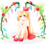 ascot blonde_hair blouse blush bobby_socks character_name flandre_scarlet flower hands_on_own_cheeks hands_on_own_face hat hat_ribbon head_rest highres leaf looking_at_viewer mary_janes red_eyes red_rose ribbon rose shadow shoes short_hair short_sleeves side_ponytail sitting skirt smile socks solo touhou vest vines vivid_heart_m white_background white_legwear wings 