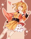  aji77 belt blonde_hair bow detached_sleeves dress frills hair_bow kisaragi_attention_(vocaloid) kisaragi_momo looking_at_viewer open_mouth pointing pointing_at_viewer red_eyes short_hair side_ponytail vocaloid wink 