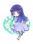  aoki_reika asahi_haru blue_eyes blue_hair boots casual chibi dress floral_background flower long_hair looking_back precure smile_precure! solo 