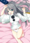  barefoot blue_eyes blush gagd hat hat_removed headwear_removed highres japanese_clothes kariginu lying mononobe_no_futo no_pants on_back open_mouth panties silver_hair solo touhou underwear white_panties yabu_q 