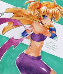  arcana_heart bat_wings bike_shorts blonde_hair blue_eyes lilica_felchenerow marker_(medium) midriff pointy_ears short_hair smile solo torimaru traditional_media twintails wings 