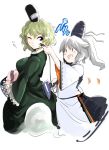  2girls basket blush_stickers dress ghost ghost_tail green_dress green_eyes green_hair grey_hair hair_dryer harusame_(unmei_no_ikasumi) hat japanese_clothes kariginu mononobe_no_futo multiple_girls ponytail short_hair simple_background soga_no_tojiko tate_eboshi touhou wink |_| 