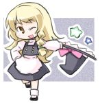  apron blonde_hair bow braid brown_eyes brown_hair chibi hand_on_hip hat hat_bow hat_removed hat_tip headwear_removed kirisame_marisa kugelschreiber looking_at_viewer open_mouth solo star touhou waist_apron wink witch witch_hat 