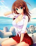  arm_behind_head blush bra breasts brown_hair cleavage dress_shirt front-tie_top green_eyes hatsukoi_1/1 highres koizumi_amane large_breasts loafers long_hair looking_at_viewer midriff miniskirt ocean open_clothes open_shirt plaid plaid_skirt pleated_skirt scan shiny shiny_skin shirt shoes signature sitting skirt sleeves_rolled_up smile solo tetrapod tied_shirt tokizaki_maya underwear water 