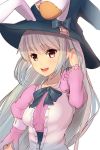  animal_ears bad_id bunny_ears bust hair_tucking hat irisu_kyouko irisu_syndrome long_hair magister_(bigbakunyuu) rabbit_ears red_eyes silver_hair smile solo very_long_hair witch_hat 