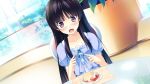  1girl black_hair blush chair food fruit game_cg habane_kotori highres holding_fork holding_knife ice_cream kono_oozora_ni_tsubasa_wo_hirogete long_hair open_mouth plate purple_eyes sitting solo strawberry yashima_takahiro 