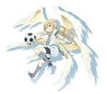  afuro_terumi ball bike_shorts catgirl0926 highres inazuma_eleven inazuma_eleven_(series) long_hair looking_at_viewer male seraph simple_background smile soccer_ball solo white_background wings zeus_(inazuma_eleven) 