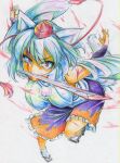  animal_ears blood breasts colored_pencil_(medium) detached_sleeves hat highres inubashiri_momiji kitazinger mouth_hold red_eyes short_hair skirt solo sword tokin_hat touhou traditional_media weapon white_hair wolf_ears 