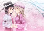  black_hair bow brown_eyes green_eyes hands_together hat hat_bow hat_ribbon maribel_hearn multiple_girls necktie oumi_(rsag) petals ribbon shirt silver_hair touhou usami_renko white_shirt 