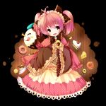  :d ;q blush_stickers brown_eyes charlotte_(madoka_magica) cup doughnut dress grandia_(artist) holding mahou_shoujo_madoka_magica open_mouth personification pink_hair saucer slice_of_cake smile teacup tongue twintails wink 