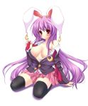  animal_ears bare_shoulders black_legwear blush breasts bunny_ears crescent earrings highres jewelry long_hair no_bra noumin off_shoulder open_clothes open_shirt purple_hair rabbit_ears red_eyes reisen_udongein_inaba skirt solo thigh-highs thighhighs touhou 