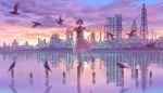  :d bird blue_eyes cityscape dress hiko_(scape) open_mouth original outstretched_arms scenery see-through see-through_silhouette sky smile solo standing_on_water water 