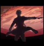  battle black_hair emiya_kiritsugu fate/zero fate_(series) fighting from_behind gun hasuha_makoto kotomine_kirei male multiple_boys weapon 