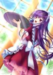  1girl :d accel_world alternate_costume antenna_hair apron blush bow enmaided frills from_behind highres kuroyukihime long_hair maid maid_headdress open_mouth purple_hair red_eyes smile solo toshi_(1-147) tray 